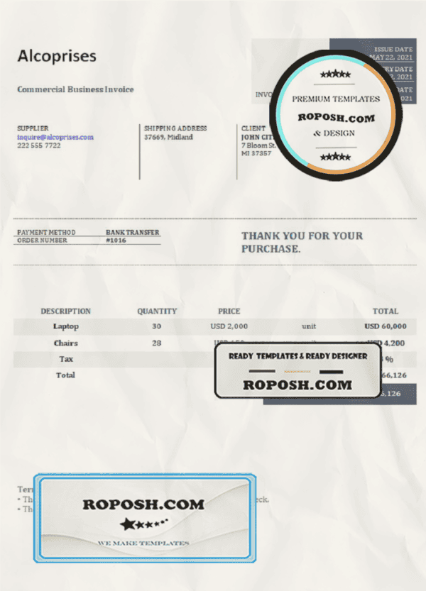 USA Alcoprises invoice template in Word and PDF format, fully editable