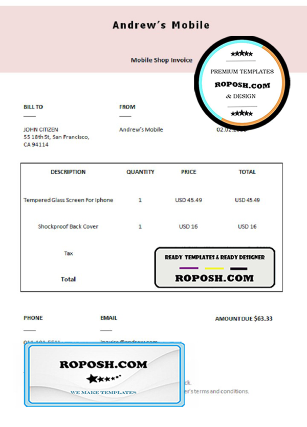 USA Andrew’s Mobile invoice template in Word and PDF format, fully editable