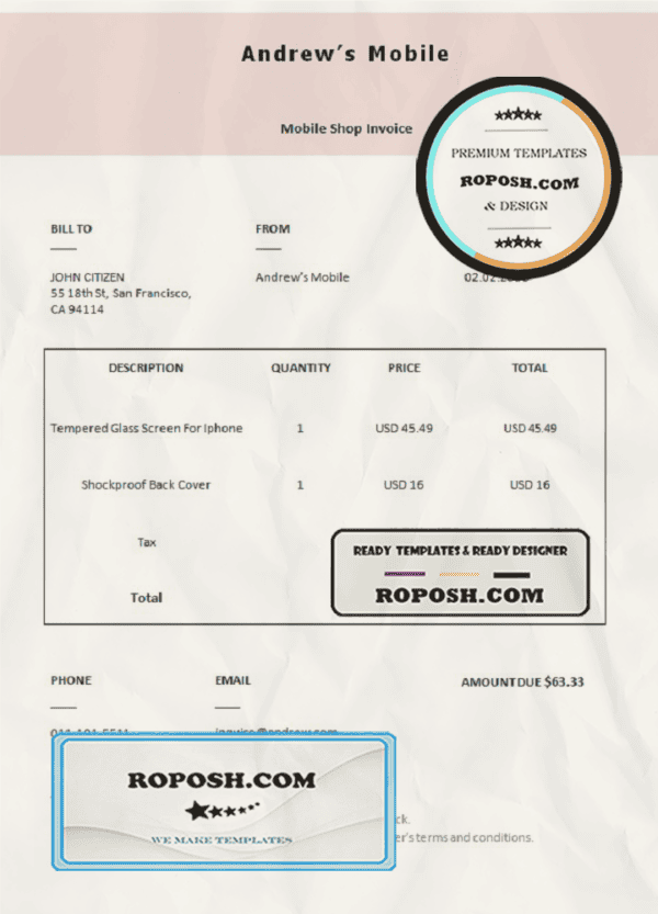 USA Andrew’s Mobile invoice template in Word and PDF format, fully editable