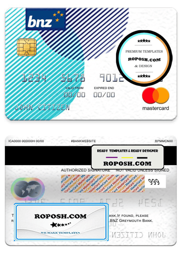 New Zealand BNZ Greymouth bank mastercard, fully editable template in PSD format