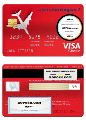 Norway bank Norwegian AS bank visa classic card, fully editable template in PSD format