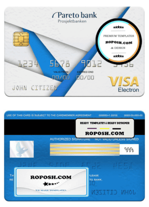 Norway Pareto bank visa electron card, fully editable template in PSD format