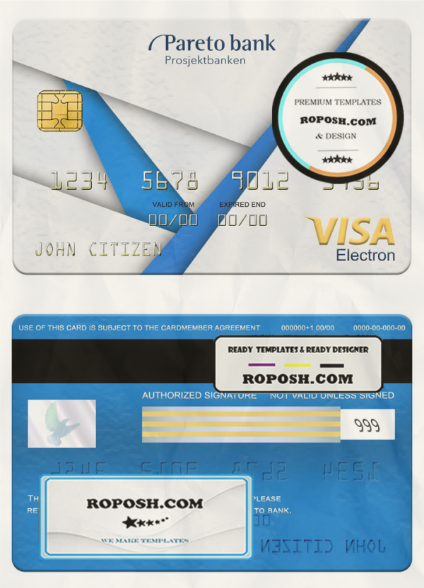 Norway Pareto bank visa electron card, fully editable template in PSD format scan effect