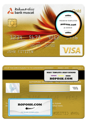 Oman Bank Muscat visa gold card, fully editable template in PSD format