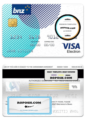New Zealand BNZ Greymouth bank visa electron card, fully editable template in PSD format
