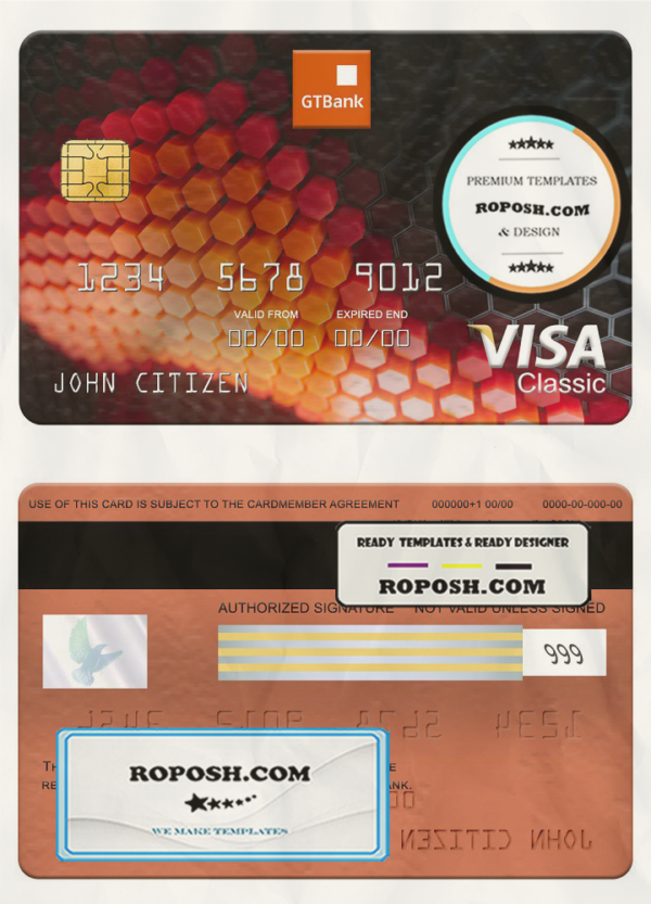 Nigeria GTBank visa classic card, fully editable template in PSD format scan effect