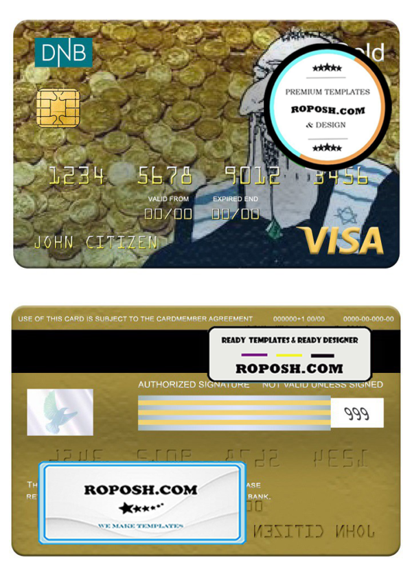 Norway DNB bank visa gold card, fully editable template in PSD format