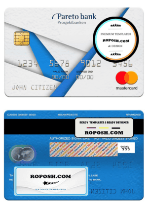 Norway Pareto bank mastercard, fully editable template in PSD format