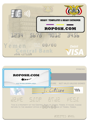 Yemen Central Bank of Yemen visa debit card template in PSD format