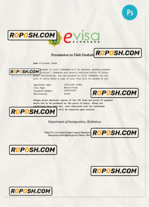 ZIMBABWE electronic travel visa PSD template, with fonts scan effect