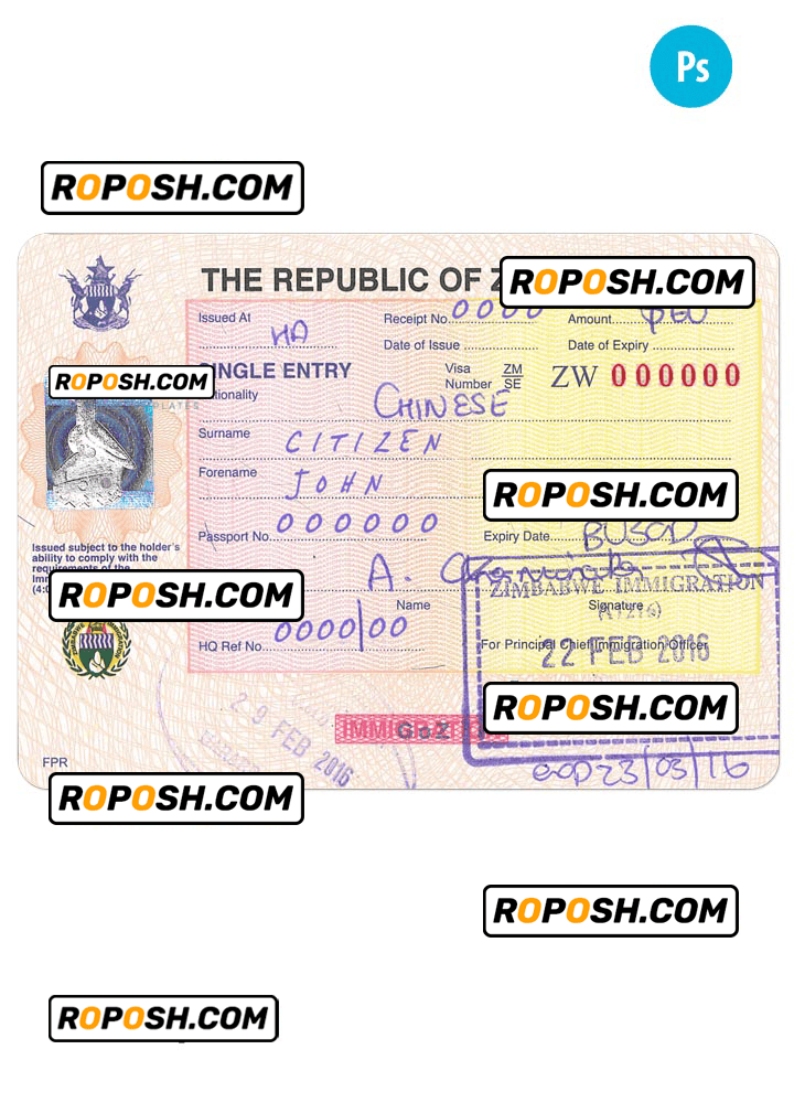 ZIMBABWE entry visa PSD template, completely editable, with fonts | roposh