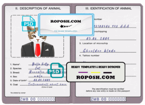 Zambia cat (animal, pet) passport PSD template, fully editable