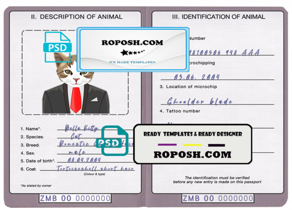 Zambia cat (animal, pet) passport PSD template, fully editable