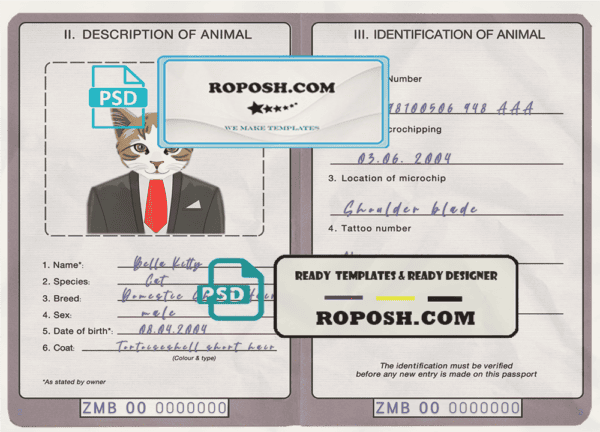 Zambia cat (animal, pet) passport PSD template, fully editable