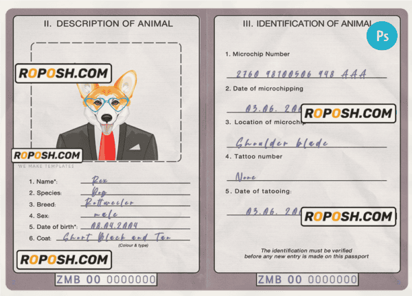 Zambia dog (animal, pet) passport PSD template, fully editable