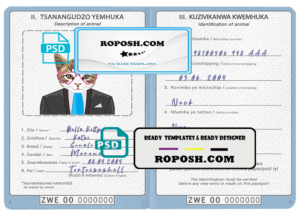 Zimbabwe cat (animal, pet) passport PSD template, completely editable