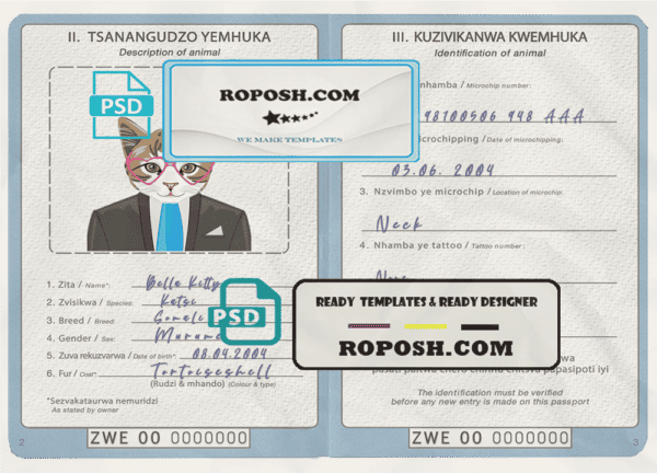 Zimbabwe cat (animal, pet) passport PSD template, completely editable