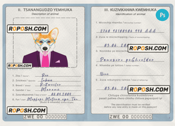 Zimbabwe dog (animal, pet) passport PSD template, completely editable