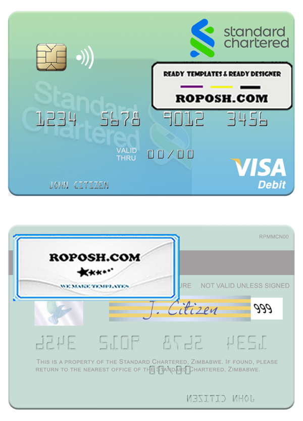 Zimbabwe Standard Chartered visa debit credit card template in PSD format