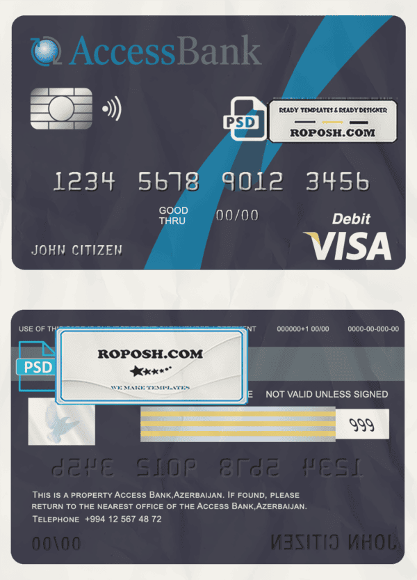 Azerbaijan Access Bank visa card debit card template in PSD format, fully editable