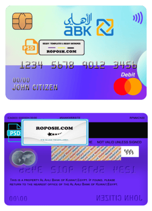Egypt Al Ahli Bank of Kuwait mastercard template in PSD format, fully editable