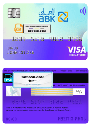 Egypt Al Ahli Bank of Kuwait visa signature card template in PSD format, fully editable