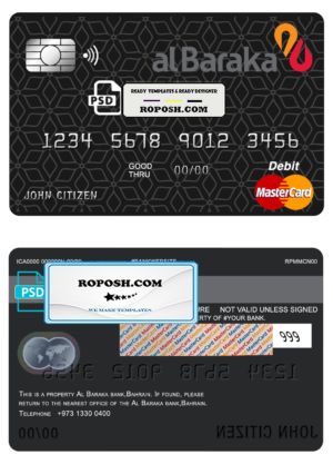 Bahrain Al Baraka bank mastercard debit card template in PSD format, fully editable