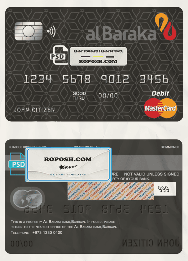 Bahrain Al Baraka bank mastercard debit card template in PSD format, fully editable