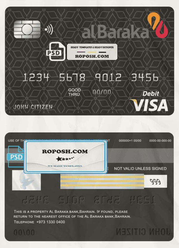 Bahrain Al Baraka bank visa card debit card template in PSD format, fully editable