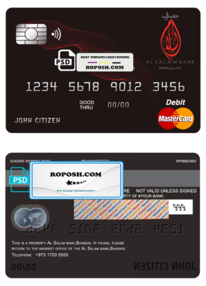 Bahrain Al Salam Bank mastercard debit card template in PSD format, fully editable