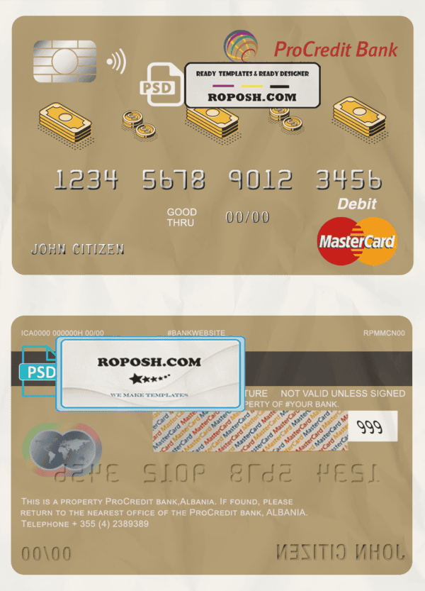 Albania ProCredit bank mastercard debit card template in PSD format, fully editable