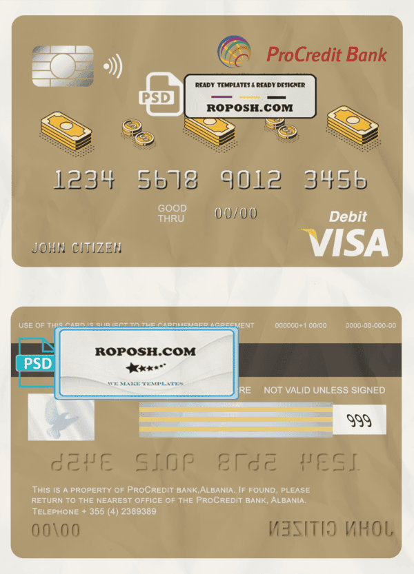Albania ProCredit bank visa card debit card template in PSD format, fully editable