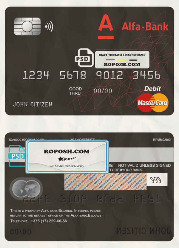 Belarus Alfa bank mastercard debit card template in PSD format, fully editable