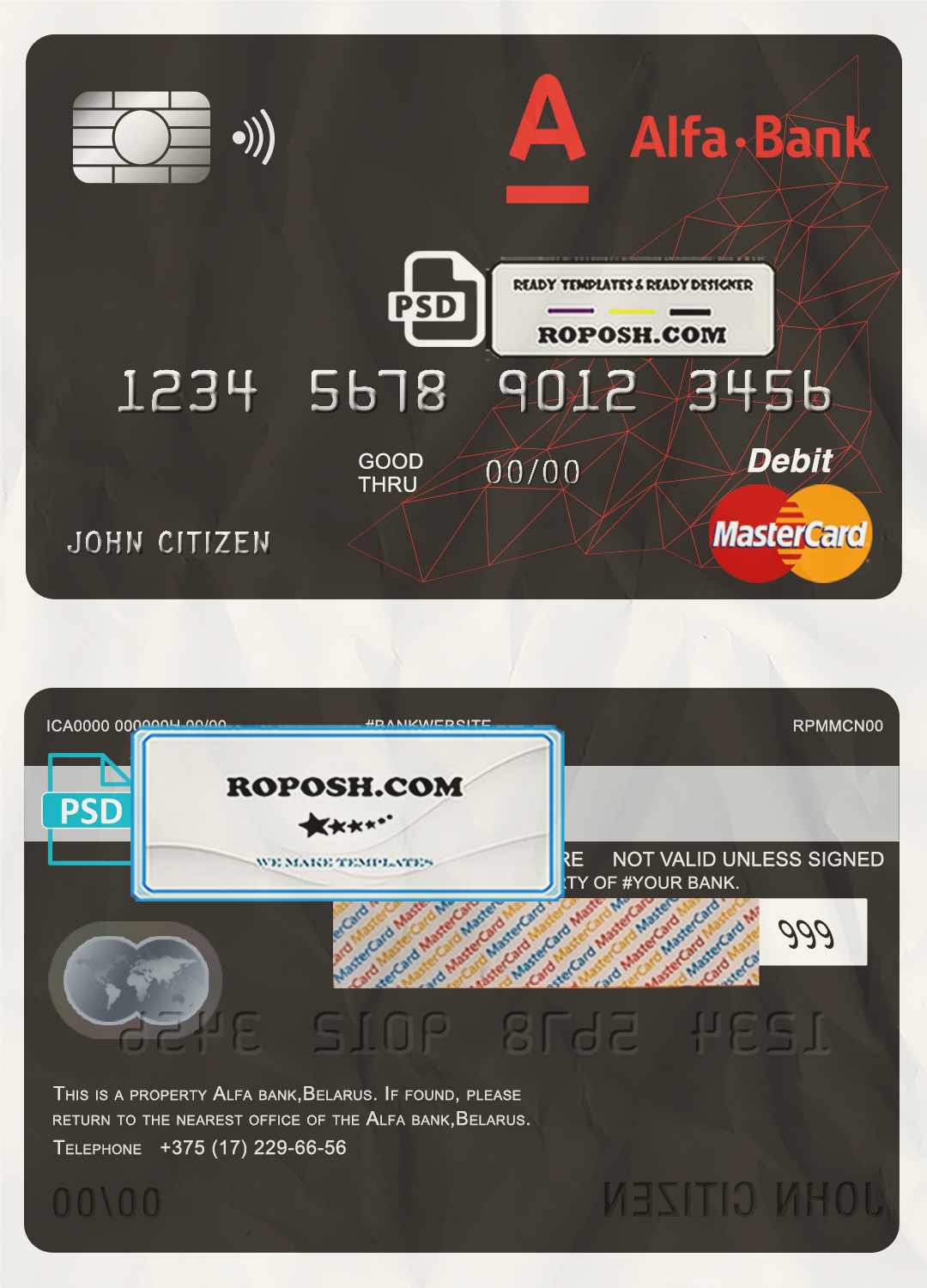Belarus Alfa bank mastercard debit card template in PSD format, fully ...