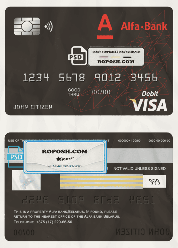 Belarus Alfa bank visa card debit card template in PSD format, fully editable