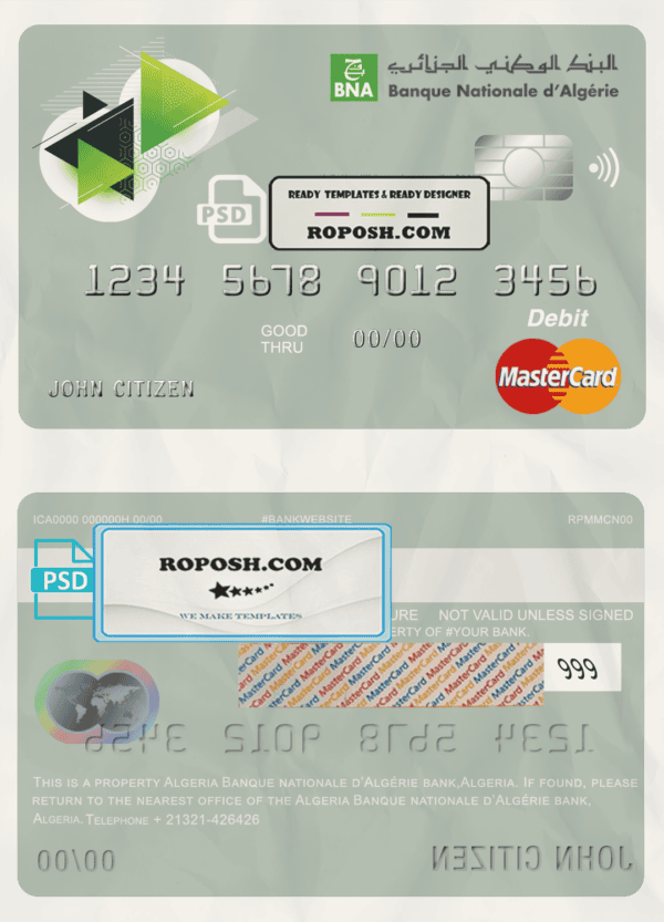 Algeria Banque nationale d’Algérie (BNA) bank mastercard debit card template in PSD format, fully editable