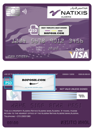 Algeria Natixis Algerie bank visa card debit card template in PSD format, fully editable