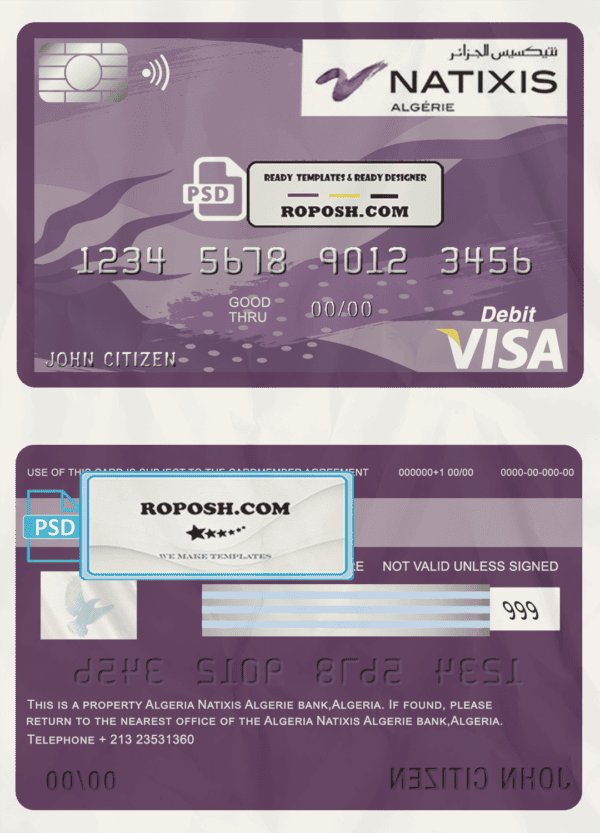 Algeria Natixis Algerie bank visa card debit card template in PSD format, fully editable