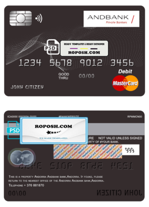 Andorra Andbank mastercard debit card template in PSD format, fully editable