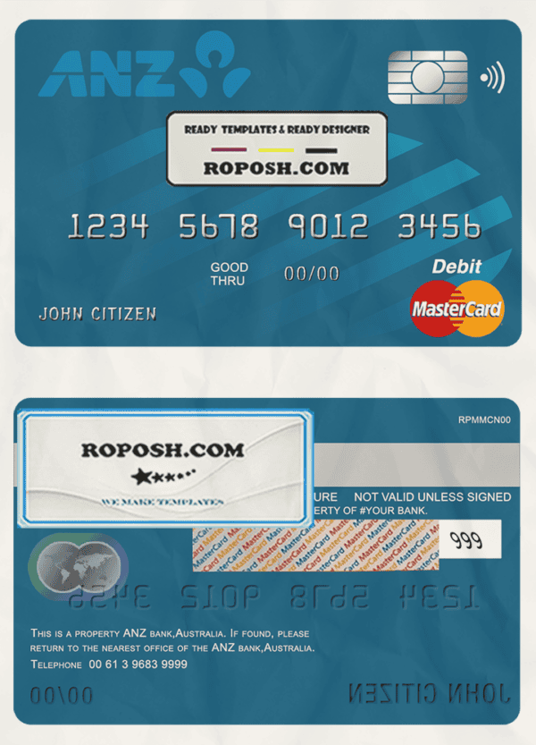 Australia ANZ bank mastercard debit card template in PSD format, fully editable