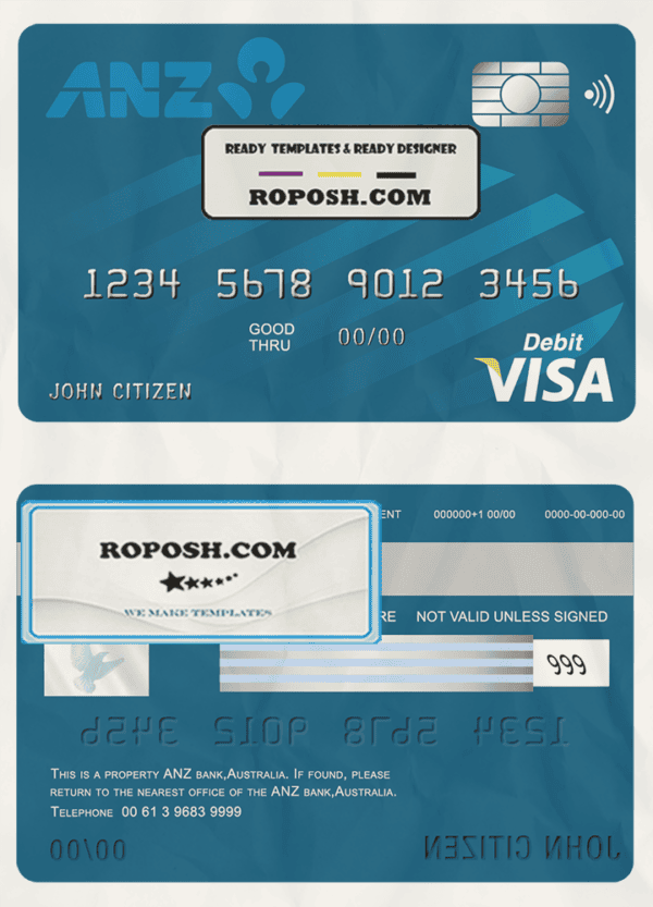 Australia ANZ bank visa card debit card template in PSD format, fully editable