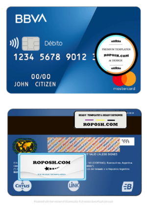 Argentina BBVA bank MasterCard debit card template in PSD format, fully editable, with all fonts