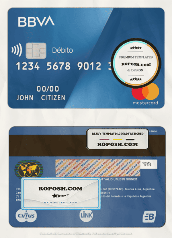 Argentina BBVA bank MasterCard debit card template in PSD format, fully editable, with all fonts