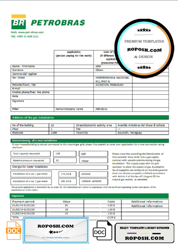 Paraguay Petrobras Paraguay Operations and Logistics gas company utility bill template in Word and PDF format