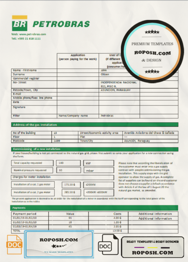 Paraguay Petrobras Paraguay Operations and Logistics gas company utility bill template in Word and PDF format scan effect