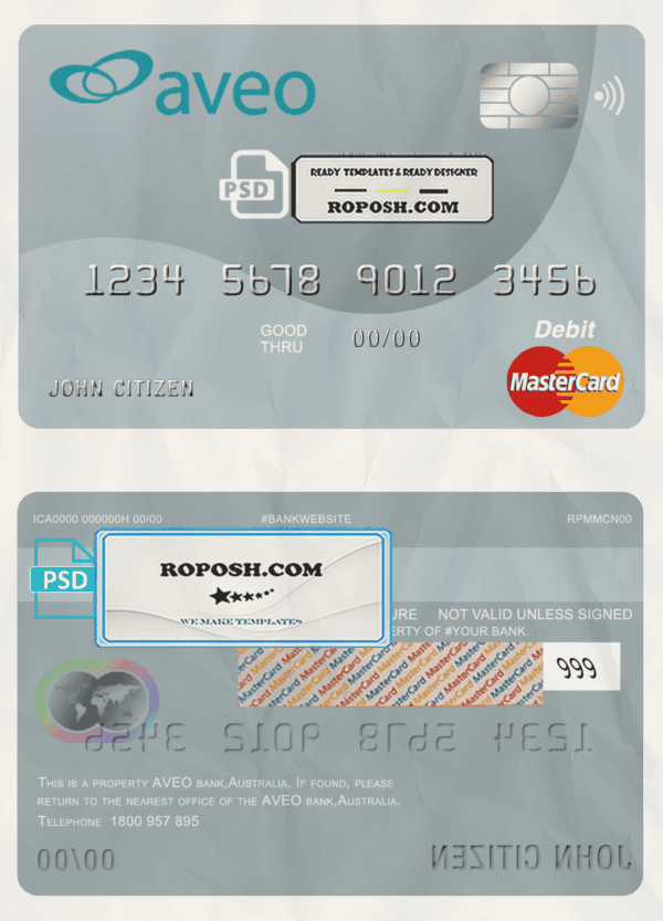 Australia Aveo bank mastercard debit card template in PSD format, fully editable