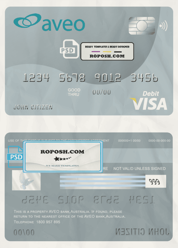 Australia Aveo bank visa card debit card template in PSD format, fully editable