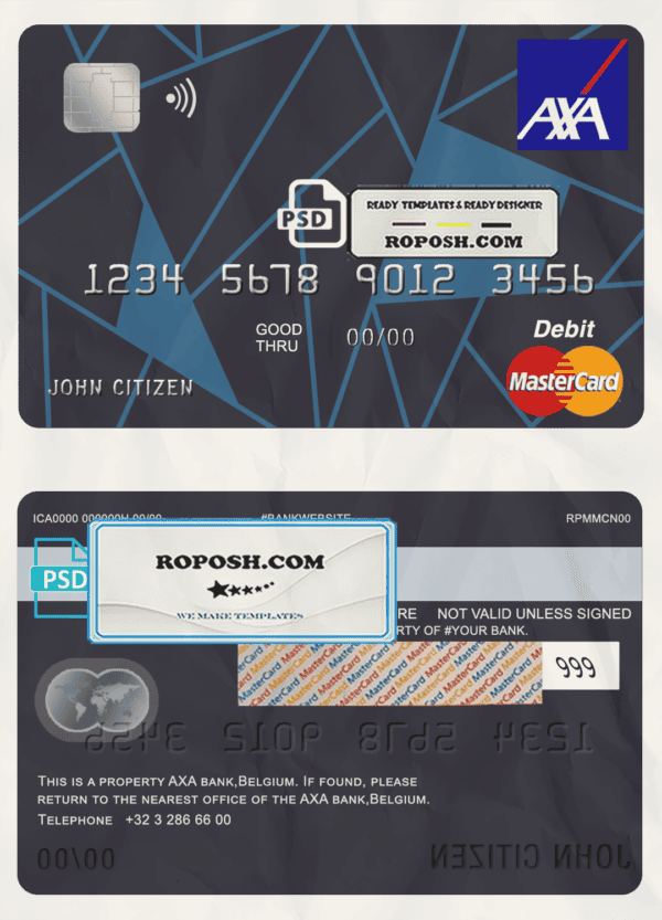Belgium AXA bank mastercard debit card template in PSD format, fully editable