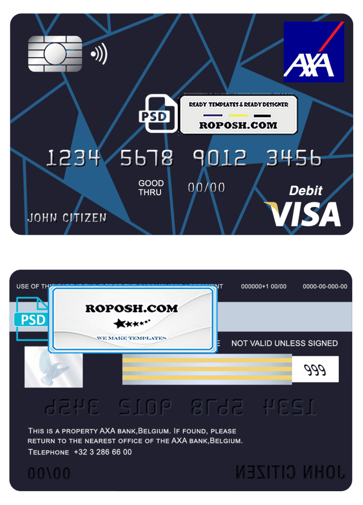 Belgium AXA bank visa card debit card template in PSD format, fully ...