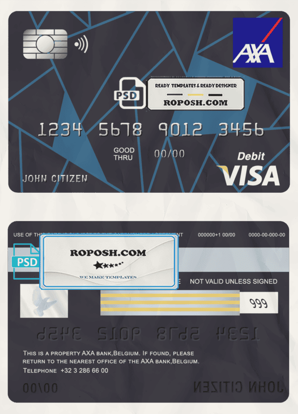 Belgium AXA bank visa card debit card template in PSD format, fully editable